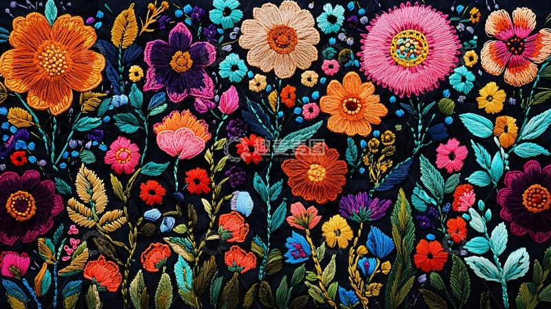 高清大图下载【趣麦麦图】暗黑背景彩色刺绣花卉