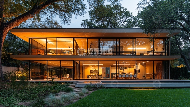 高清大图下载【趣麦麦图】夜晚灯光下的现代别墅