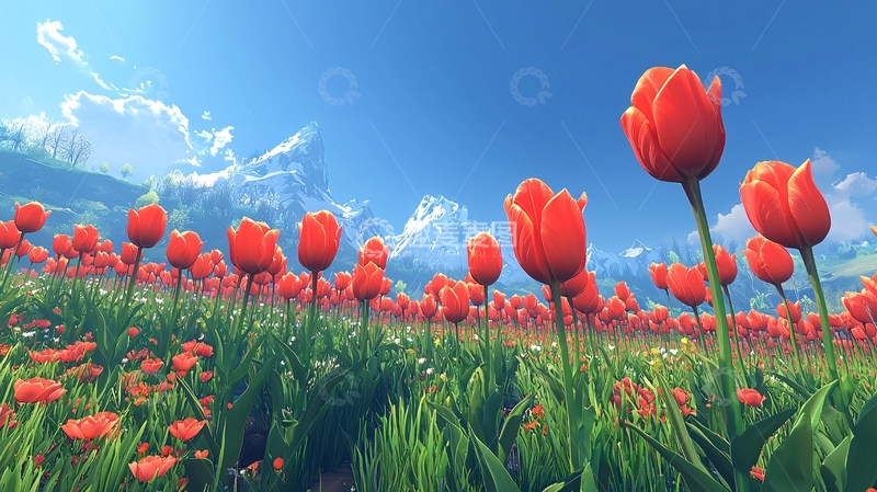 高清大图下载【趣麦麦图】-红郁金香花田雪山背景