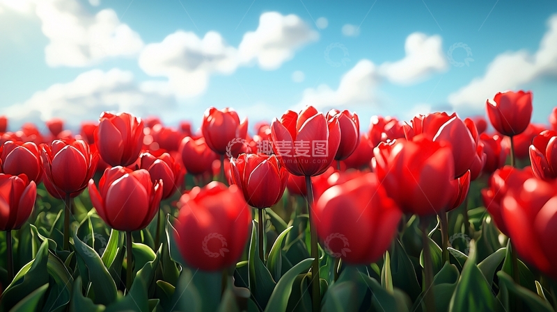 高清大图下载【趣麦麦图】阳光下红色郁金香花田