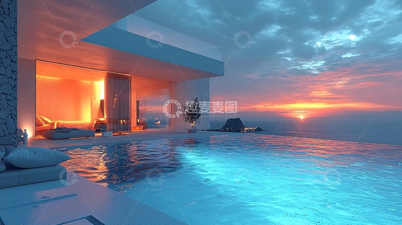 高清大图下载【趣麦麦图】海边别墅日落无边泳池