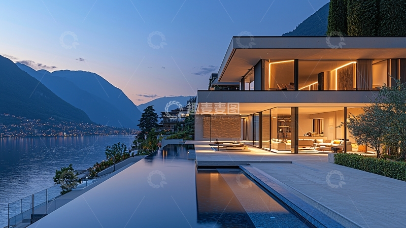 高清大图下载【趣麦麦图】湖景别墅夜景