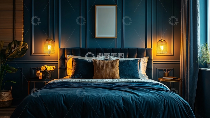 高清大图下载【趣麦麦图】深蓝色卧室高级感