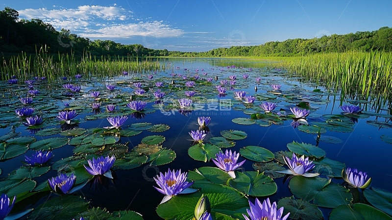 高清大图下载【趣麦麦图】宁静祥和的紫色睡莲湖景