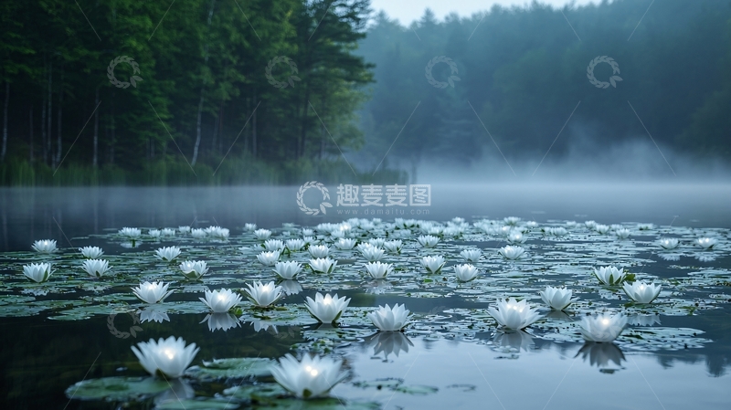 高清大图下载【趣麦麦图】清晨雾气弥漫的湖面白莲