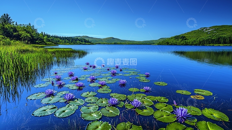 高清大图下载【趣麦麦图】平静湖面紫色睡莲