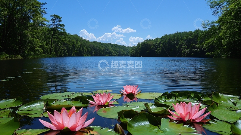 高清大图下载【趣麦麦图】湖边盛开的粉色睡莲