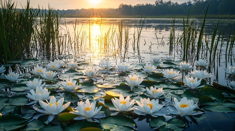 高清大图下载【趣麦麦图】日出湖景白莲花