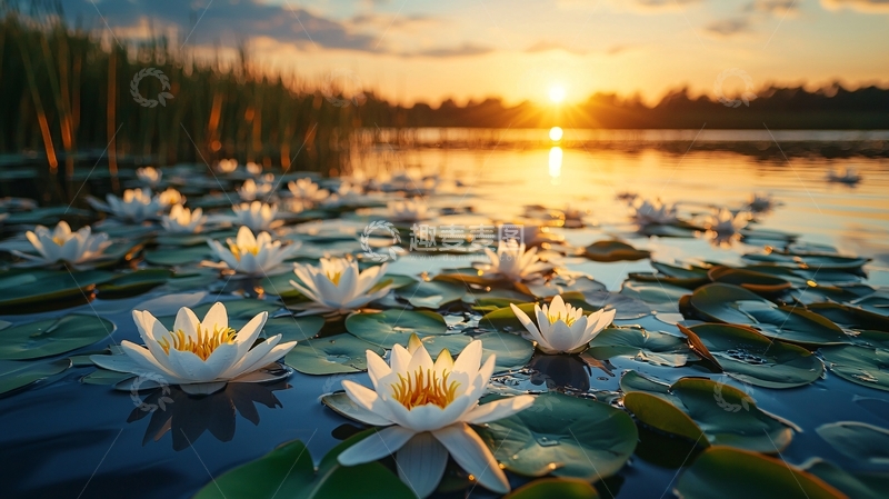 高清大图下载【趣麦麦图】夕阳西下湖面莲花