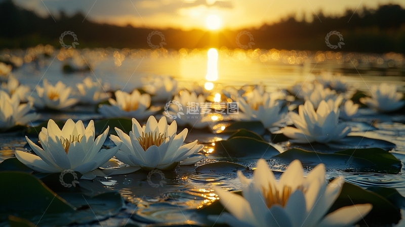 高清大图下载【趣麦麦图】夕阳西下水面白莲花