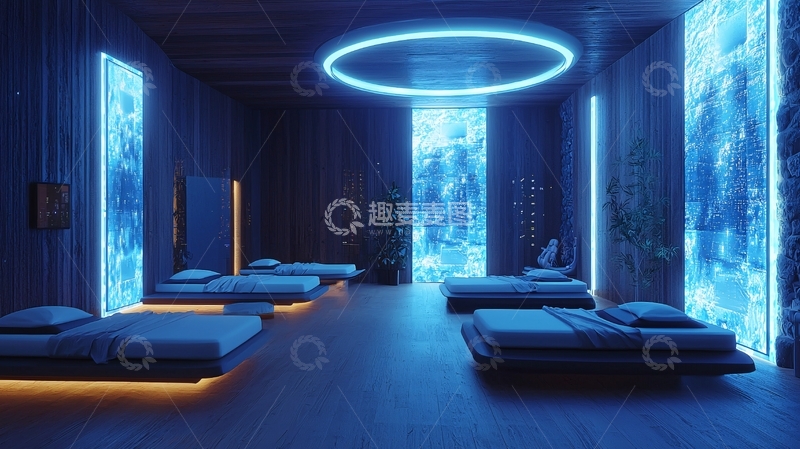高清大图下载【趣麦麦图】蓝色灯光下的多人睡眠舱