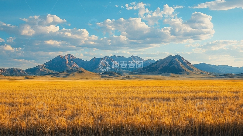 高清大图下载【趣麦麦图】金黄麦田与远山全景图