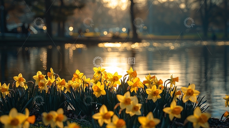 高清大图下载【趣麦麦图】夕阳下水边盛开的黄水仙