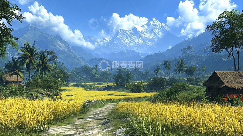 高清大图下载【趣麦麦图】雪山下的金黄稻田