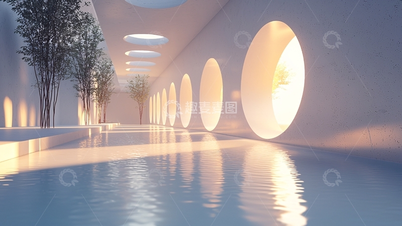 高清大图下载【趣麦麦图】极简主义白色走廊水景