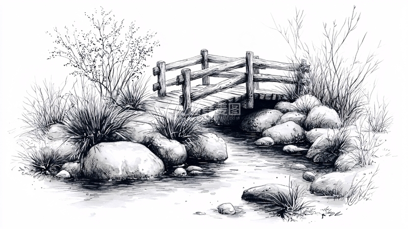 高清大图下载【趣麦麦图】铅笔画小桥流水