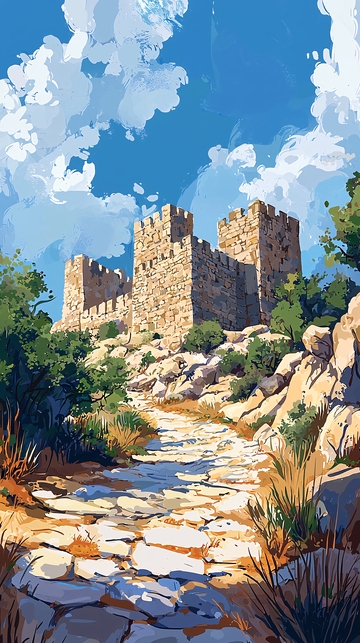 山顶古堡阳光下的石路