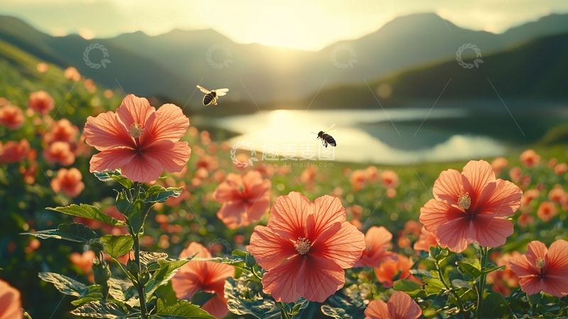 高清大图下载【趣麦麦图】山间花海日落景色