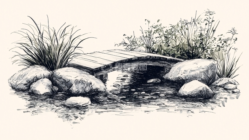 高清大图下载【趣麦麦图】手绘小桥流水
