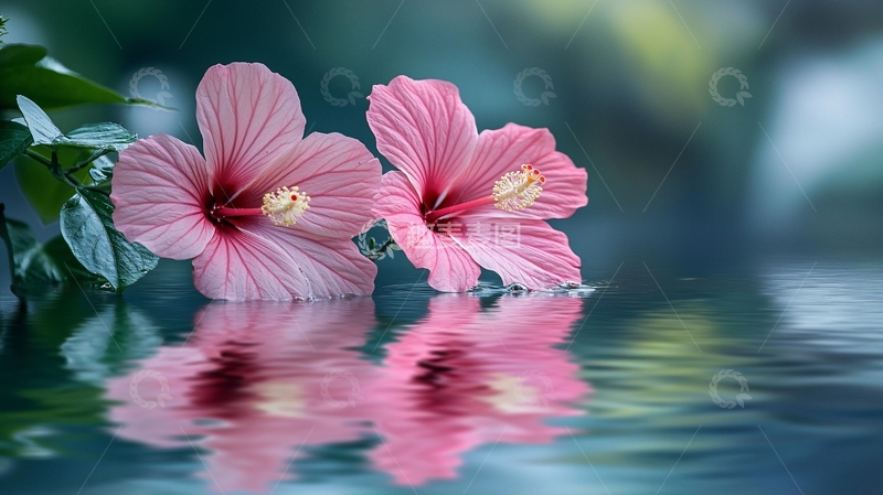 高清大图下载【趣麦麦图】粉色木槿花水面倒影