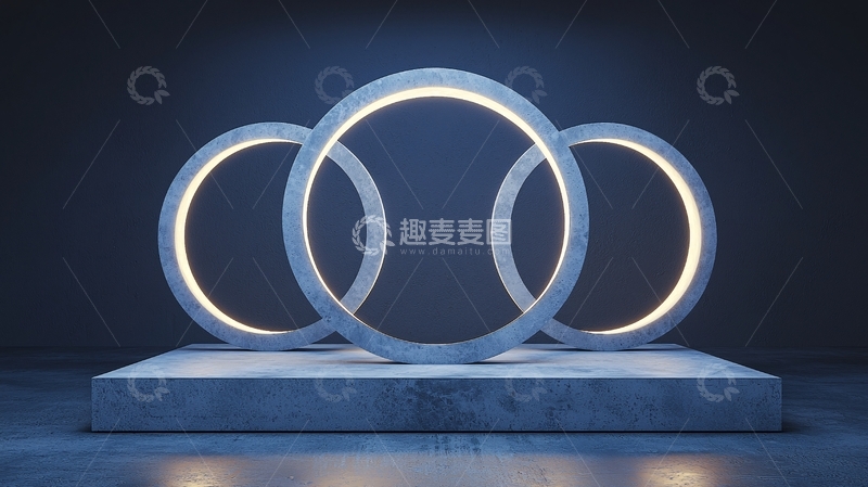 高清大图下载【趣麦麦图】蓝色背景下发光的石质圆环