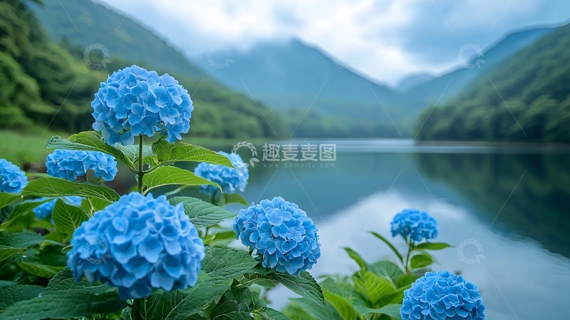 高清大图下载【趣麦麦图】蓝紫绣球花湖边景色