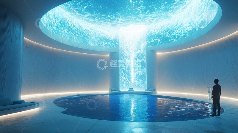 高清大图下载【趣麦麦图】圆形水池上方蓝色光柱