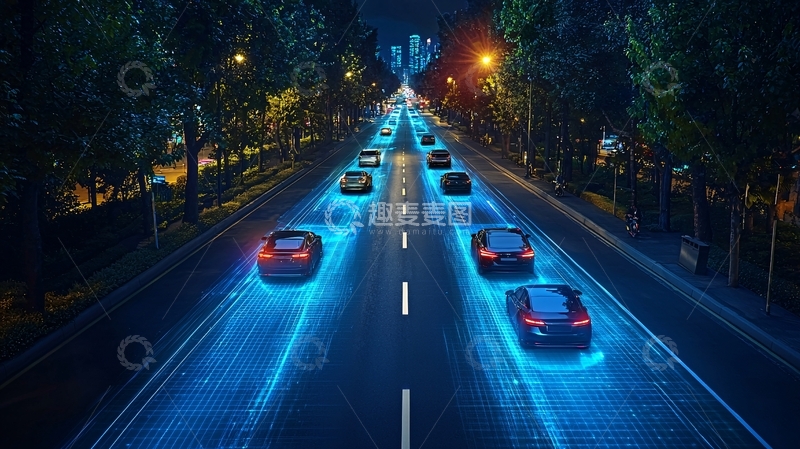 高清大图下载【趣麦麦图】夜景道路自动驾驶汽车
