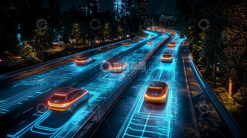 高清大图下载【趣麦麦图】夜晚高速公路自动驾驶汽车
