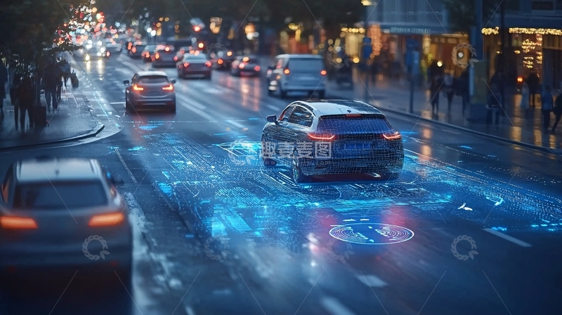 高清大图下载【趣麦麦图】雨夜城市道路自动驾驶汽车