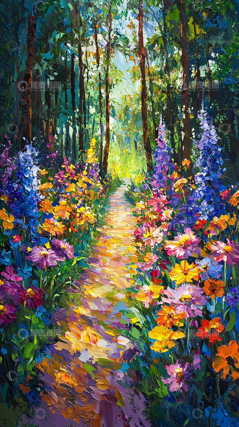 高清大图下载【趣麦麦图】森林小路鲜花盛开