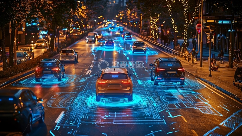 高清大图下载【趣麦麦图】夜晚城市道路自动驾驶汽车