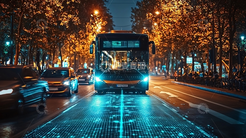 高清大图下载【趣麦麦图】夜晚城市道路公交车