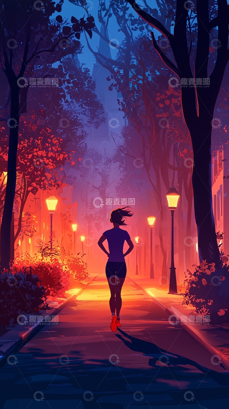 高清大图下载【趣麦麦图】夜晚跑步的女孩