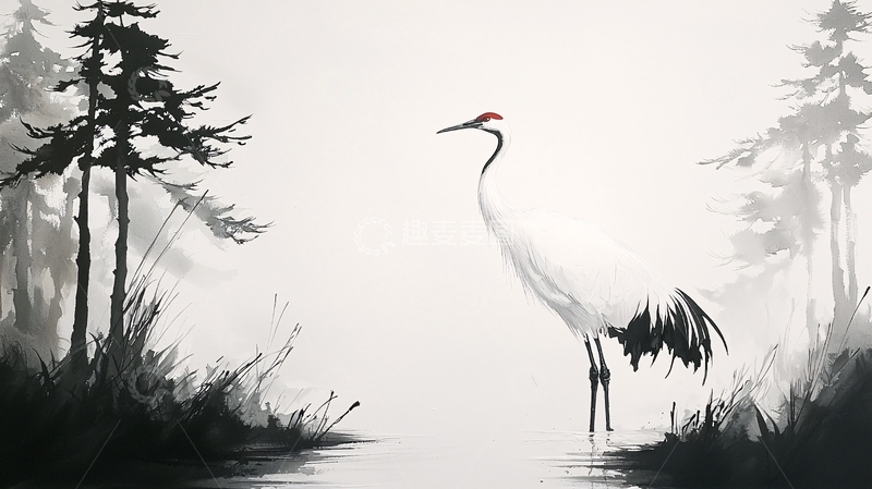 高清大图下载【趣麦麦图】水墨丹青白鹤图
