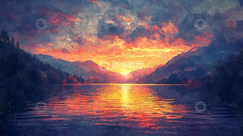 高清大图下载【趣麦麦图】山峦湖泊日落晚霞