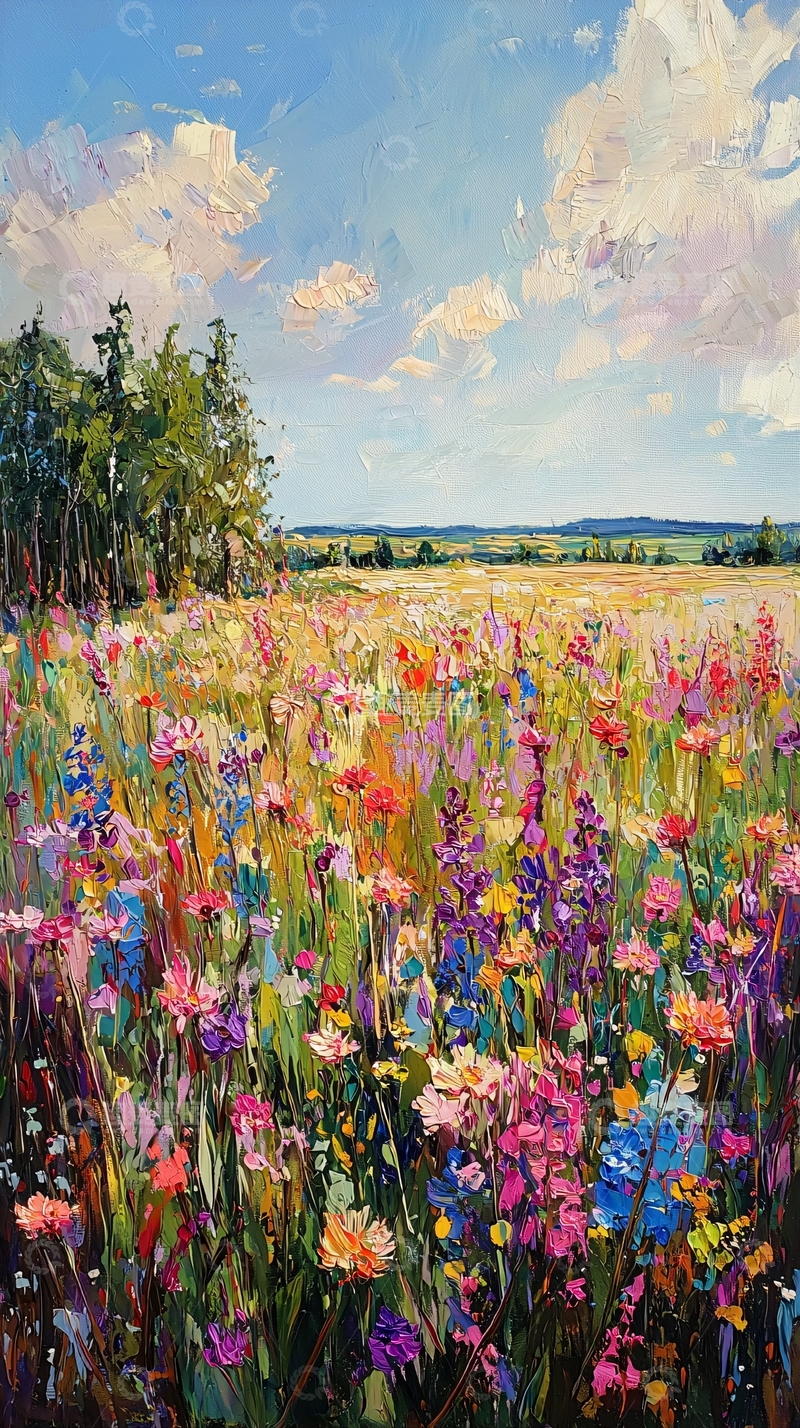 高清大图下载【趣麦麦图】彩色野花田园风景画