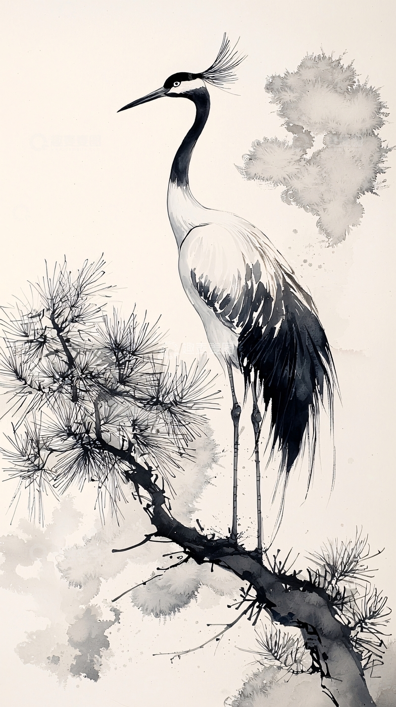 高清大图下载【趣麦麦图】水墨丹顶鹤