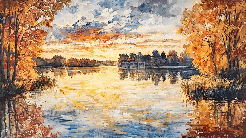 高清大图下载【趣麦麦图】秋日湖泊日落景色