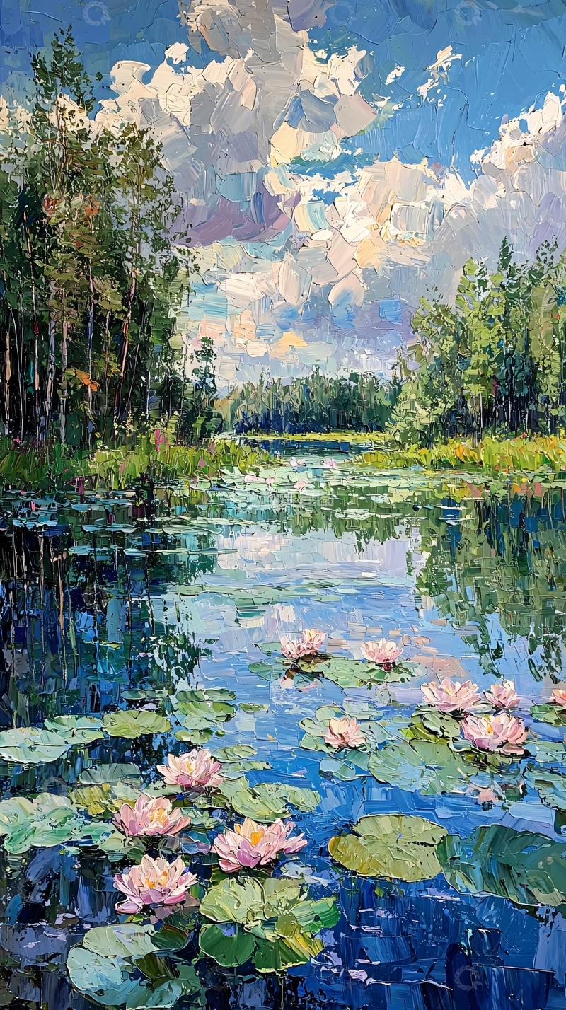 高清大图下载【趣麦麦图】夏日森林河流荷花风景画