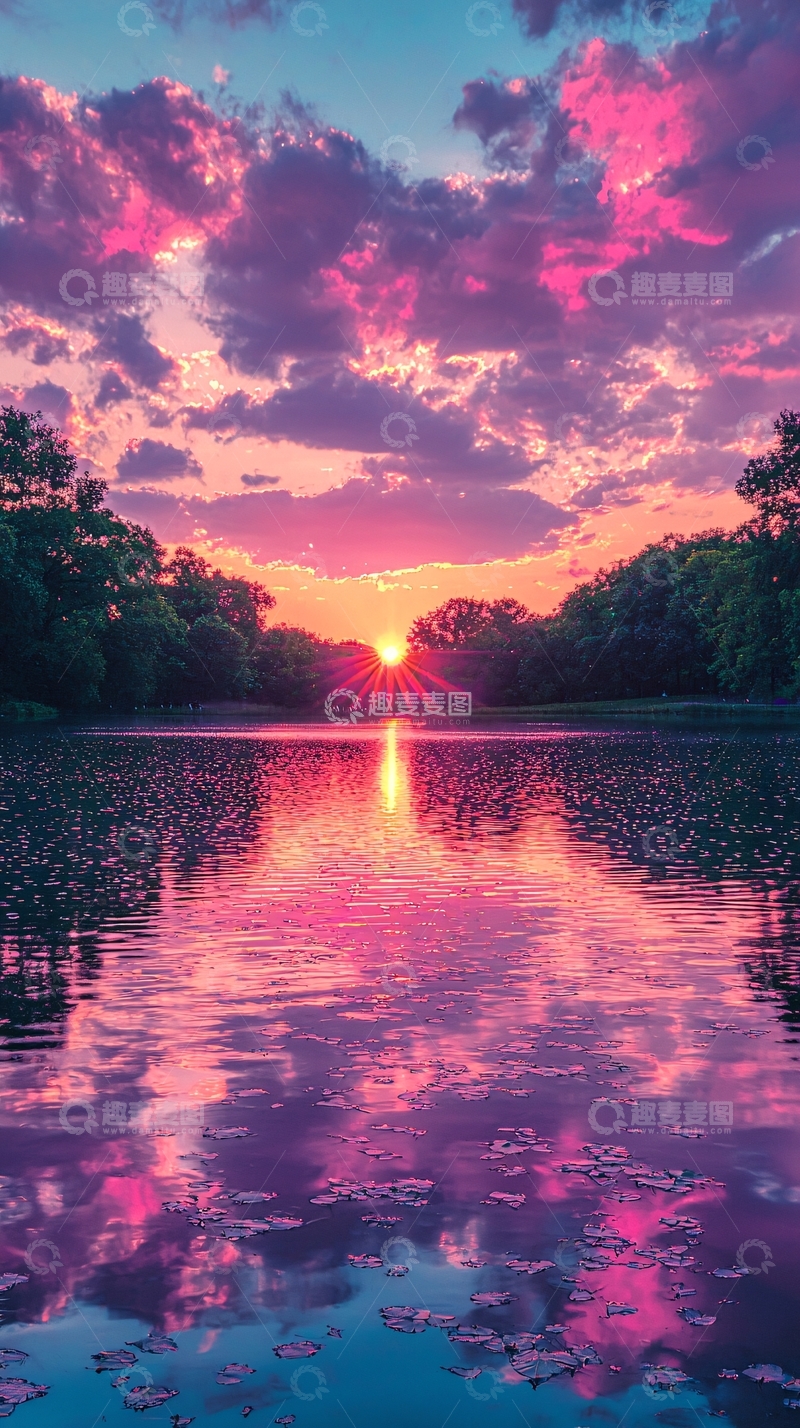 高清大图下载【趣麦麦图】粉紫夕阳湖面倒影