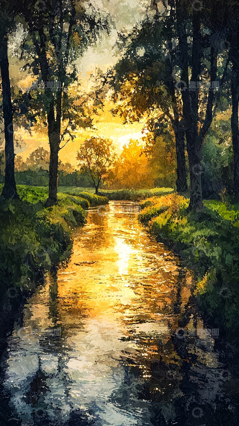 高清大图下载【趣麦麦图】夕阳西下树林小溪