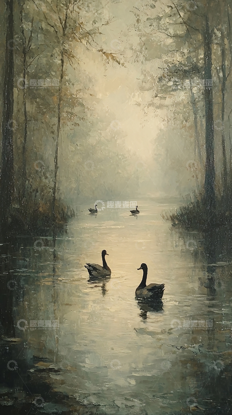 高清大图下载【趣麦麦图】清晨薄雾中的湖面野鸭