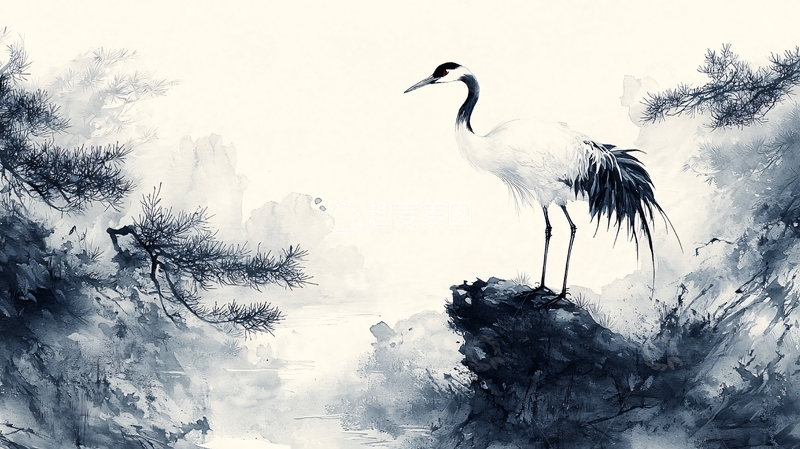 高清大图下载【趣麦麦图】水墨丹青白鹤图