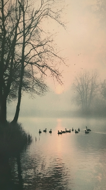 清晨薄雾湖面飞鸟