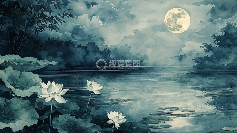 高清大图下载【趣麦麦图】水墨荷花月夜