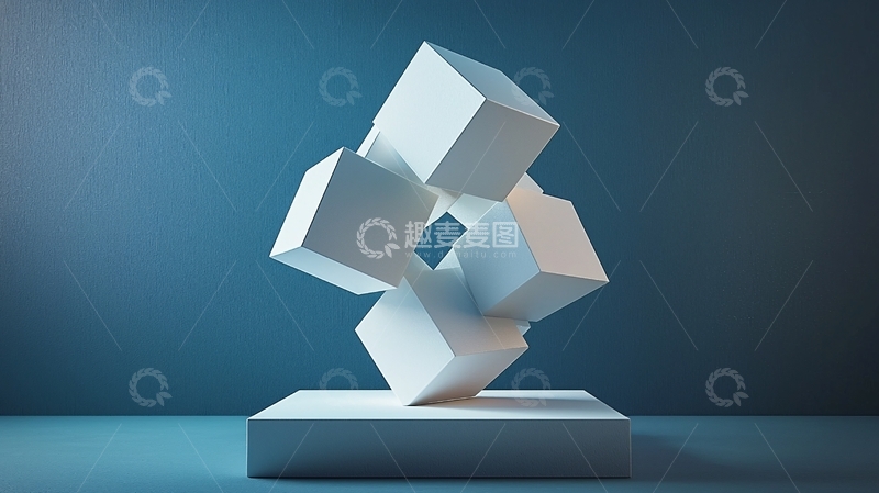 高清大图下载【趣麦麦图】蓝色背景下白色立方体雕塑