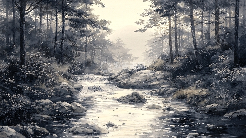 高清大图下载【趣麦麦图】森林小溪黑白画