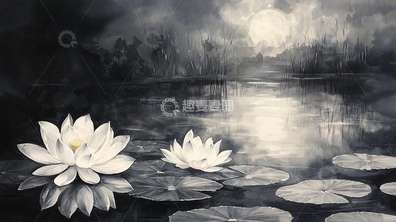 高清大图下载【趣麦麦图】黑白水墨荷花