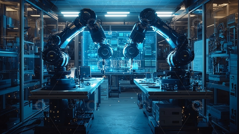 高清大图下载【趣麦麦图】蓝色灯光下的工业机器人实验室